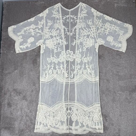 Cream Sheer Embroidered Lace Long Cardigan Size M Romantic Kimono Duster Boho - Picture 3 of 4